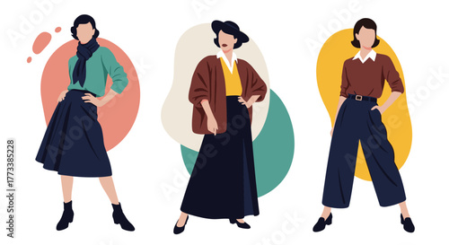 Three faceless women in classic, elegant fashion, showcasing different stylish outfits with scarves, hats, skirts, and trousers against abstract colored backgrounds.