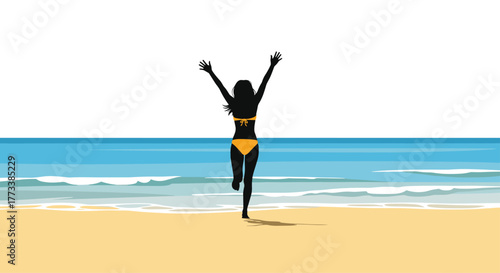 A happy woman's silhouette in a yellow bikini runs excitedly on a sunny beach towards the sea, celebrating summer joy and freedom with raised arms.