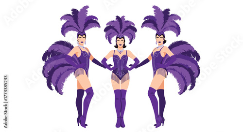 Three glamorous showgirls in dazzling purple feathered costumes with ornate details and elegant poses are ready to perform on stage, embodying entertainment and spectacle.
