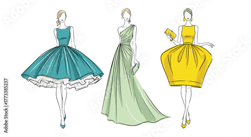 Fashion illustrations of three elegant women in party dresses, including a teal short dress with a voluminous skirt, a flowing mint green one-shoulder gown, and a bright yellow cocktail dress.