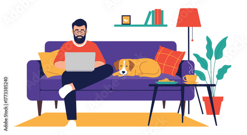 A bearded man works remotely on his laptop from the comfort of his purple sofa, sharing a cozy living room space with his dog, a symbol of modern work-from-home life.