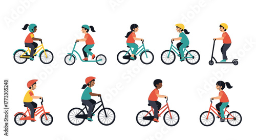 A diverse group of happy children wearing helmets and riding bikes and scooters, enjoying outdoor activities and active play.