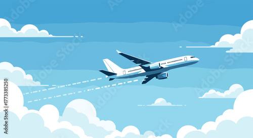 A modern white passenger airplane ascends gracefully through a serene blue sky, leaving soft contrails as it navigates fluffy white clouds, symbolizing global travel and new adventures.