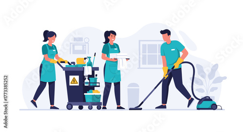 A professional cleaning service team diligently working together, with one person pushing a cleaning cart, another holding fresh towels, and a third vacuuming a room.