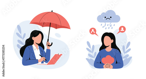 A compassionate professional offers protective support and guidance to a woman grappling with sadness, anxiety, and mental health challenges, symbolizing therapy.