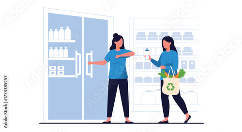 Two women are grocery shopping in a supermarket, with one opening a refrigerated display case and the other holding a reusable bag with fresh produce, emphasizing eco-friendly consumption.