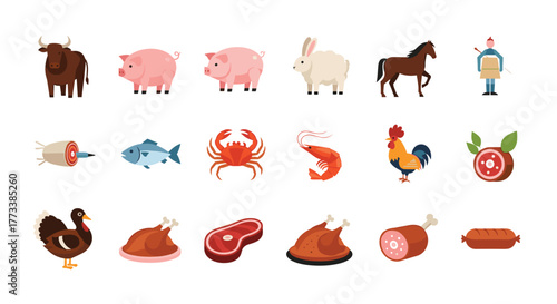 A diverse collection of cartoon illustrations featuring various farm animals, seafood, and processed meat products, representing different food sources.
