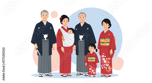 A smiling multi-generational Japanese family, featuring grandparents, parents with a baby, and a young girl, all dressed in traditional kimonos and hakamas.