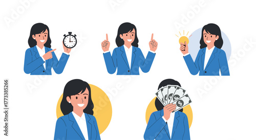 A cheerful businesswoman in a blue suit illustrates various business concepts including time, ideas, and money, representing professional success and management.