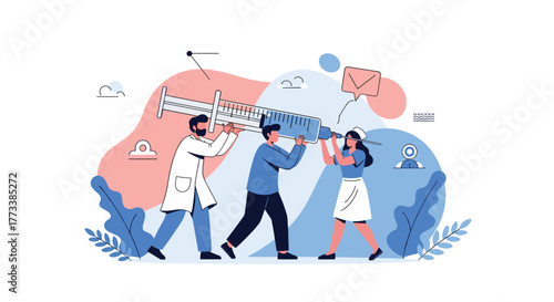 A dedicated healthcare team of a doctor and two nurses cooperatively carries a large syringe, symbolizing global vaccination efforts and public health initiatives.