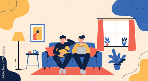 Two friends or a couple relaxing at home, one petting a dog and the other working on a laptop, in a cozy, modern living room with abstract decorations.