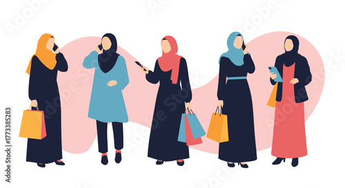 Five Muslim women in hijabs, dressed in contemporary fashion, are shown engaging in various activities like talking on phones and shopping, against a soft pink background.