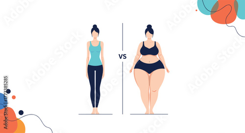 A clear visual comparison between two female body types, one slender and fit, and the other obese and overweight, used to illustrate health and weight differences.