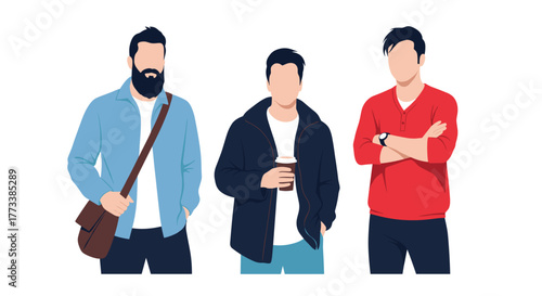 Three young men in diverse casual outfits standing on a white background, representing modern style, individuality, and a relaxed lifestyle.