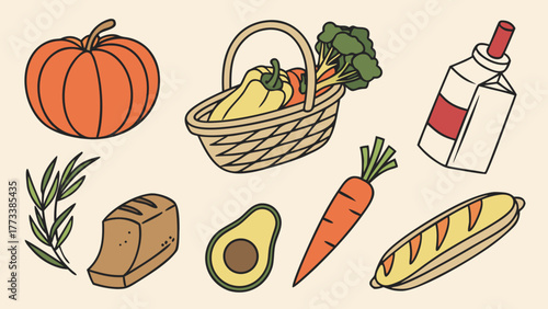 Fresh harvest bounty featuring pumpkin, basket of peppers and broccoli, milk, bread, avocado, carrot, and baguette, perfect for food and lifestyle projects