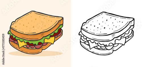 Hand-drawn delicious sandwich illustration in colored and outline version, perfect for menu, icon, sticker, or food design project