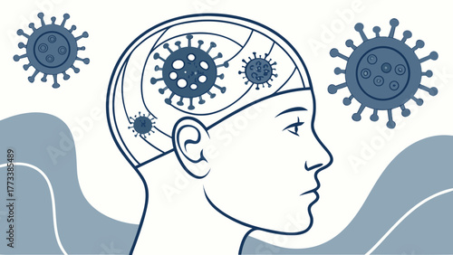 Conceptual illustration of the impact of viruses on mental health, showing viruses inside a head, perfect for health and awareness campaigns