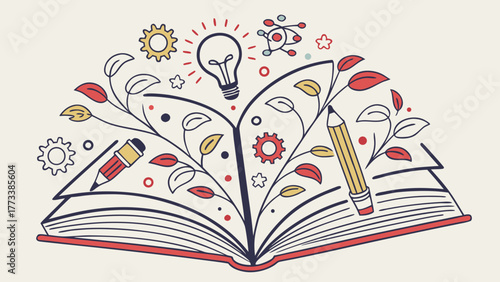 Creative book concept sparks imagination, symbolizing education, innovation, and knowledge creation with vibrant drawings and a lightbulb idea