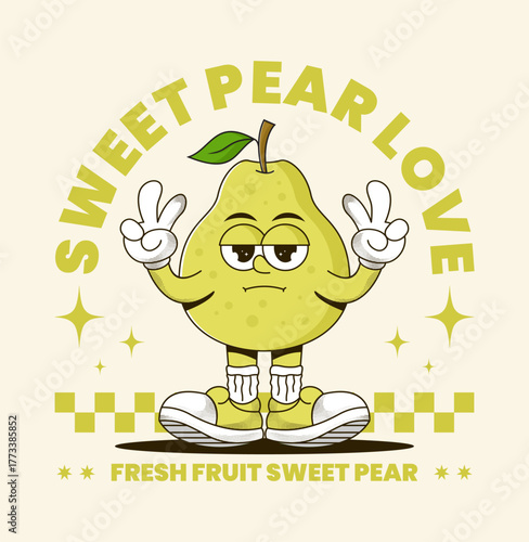 Cute cartoon pear illustration with a sweet and cheerful style, perfect for T-shirt design, sticker, poster, or any fresh and fun fruit artwork