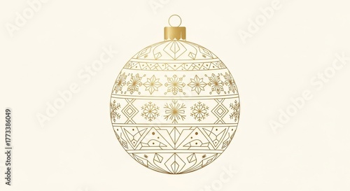 Ornate Golden Christmas Bauble with Intricate Geometric and Floral Patterns on a Soft Cream Background.