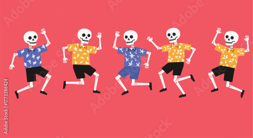 Vibrant and humorous vector illustration of five cartoon skeletons dancing in a synchronized line, wearing colorful tropical shirts and shorts for a festive celebration