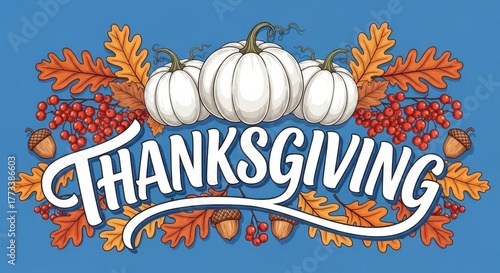 Festive thanksgiving holiday greeting with pumpkins and autumn leaves