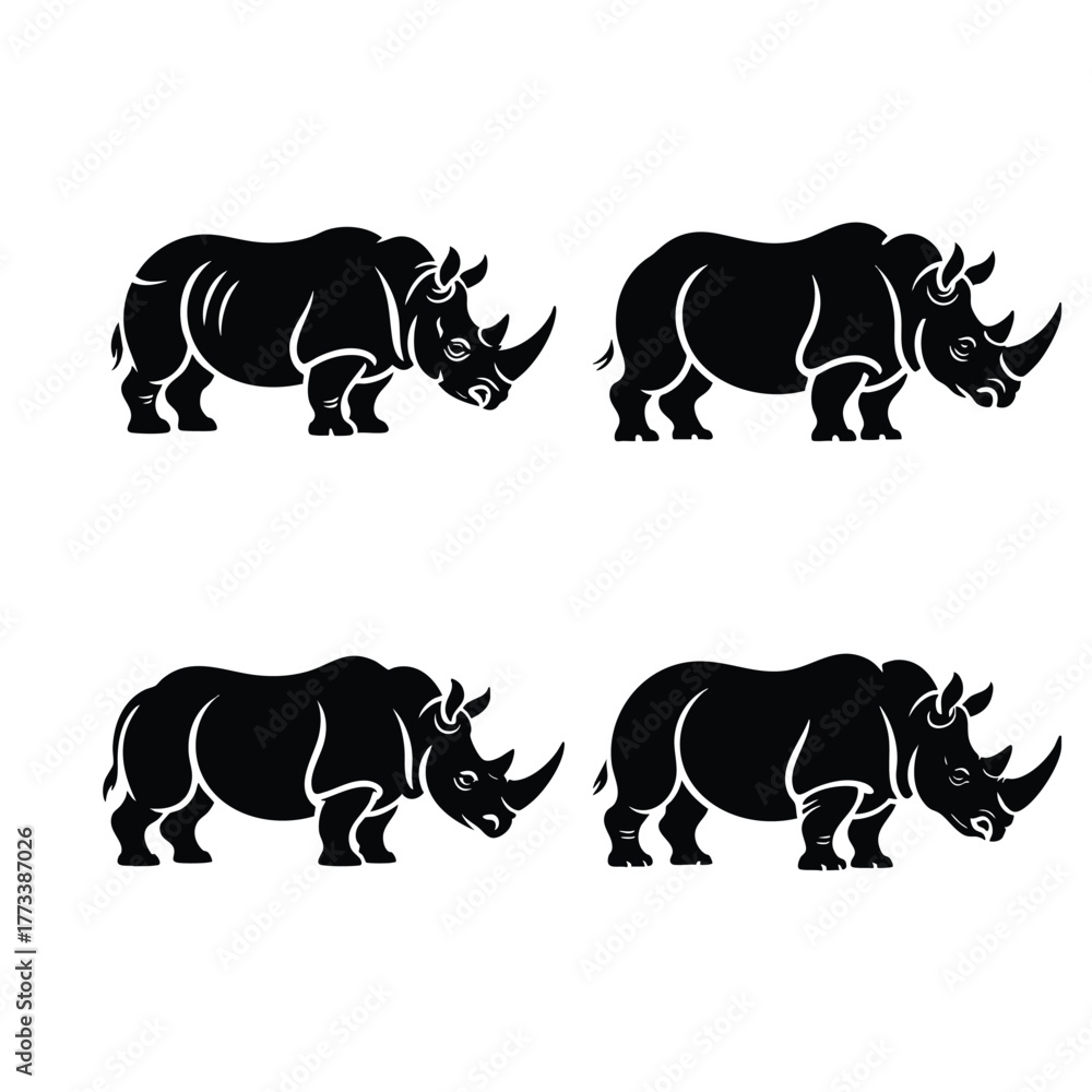 Fototapeta premium Set of Four Rhinoceros Silhouette Illustrations, Rhino Graphic Icons in Black and White, Vector Collection of Rhinoceros Side Views, illustration, silhouette, vector