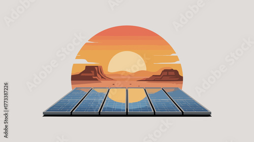 Graphic illustration of solar panels generating clean energy in a vast desert landscape under a vibrant sunset or sunrise.