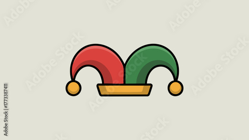 A simple, flat illustration of a jester's hat with red and green sections and yellow pom-poms.