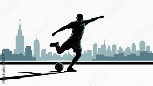 Silhouette of a soccer player kicking a ball with a modern city skyline in the background, rendered in a graphic, high-contrast style.