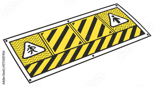 Caution hazard floor safety sign for slippery surface, warning pedestrian risks, black and yellow striped design, alerting danger and promoting security awareness
