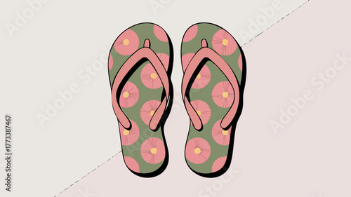Pair of flip-flops with a floral pattern, perfect for summer wear and beach trips.