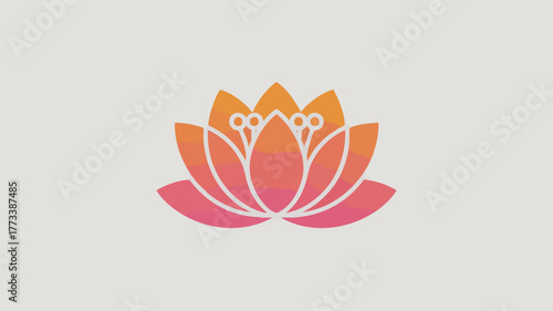 A stylized illustration of a lotus flower with a gradient of orange and pink petals against a light gray background.