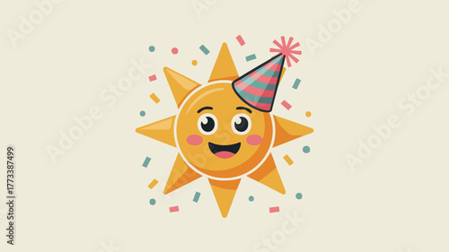 A cute cartoon sun with a happy face wearing a party hat and surrounded by colorful confetti.
