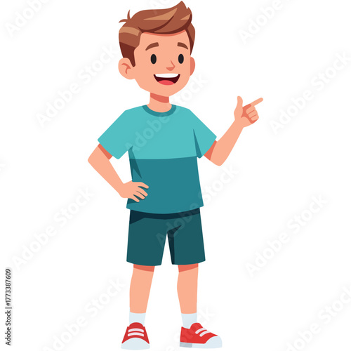 Cheerful young boy cartoon illustration, happily pointing finger gesture, standing and smiling broadly