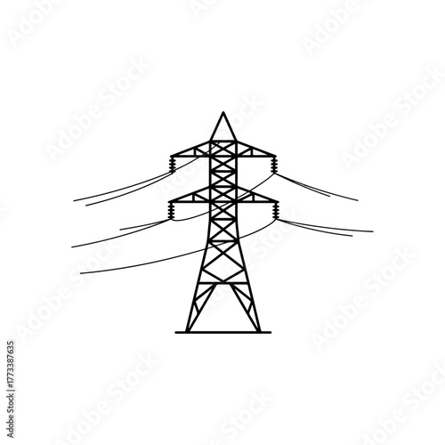 Electricity pylon icon, power transmission tower symbol, high voltage electric energy lines graphic.