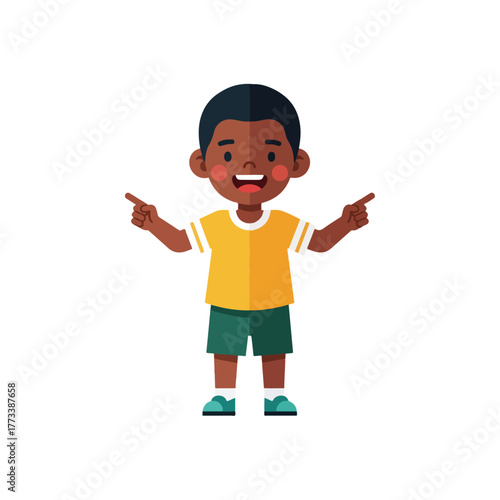 Happy Black boy illustration, cheerful child pointing both left and right, smiling widely, vector graphic