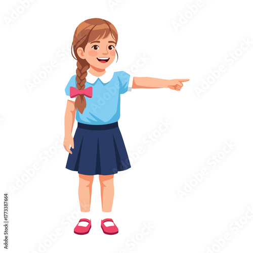 Happy young schoolgirl in uniform smiling and pointing, cheerful elementary child illustration