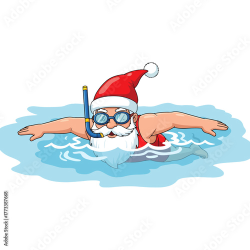Happy Santa Claus cartoon character, swimming in blue water with snorkel and goggles, summer Christmas vacation