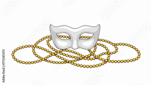 White masquerade mask with golden beaded necklaces for Mardi Gras celebration.
