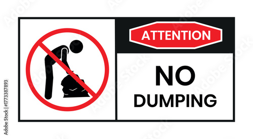 Attention no dumping sign with person carrying trash bag symbol prohibiting illegal waste disposal. Attention no dumping  logo, label, sign, badge, symbol, banner, line, flat vector.
