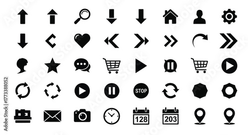 Collection of various black and white minimalist interface icons displayed neatly