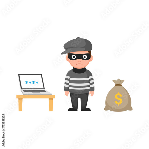 Cybercrime cartoon character, hacker stealing digital data from laptop, password theft, financial fraud vector concept