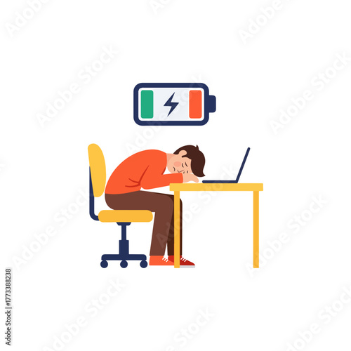Exhausted person sleeping at desk with laptop, suffering from burnout and low energy levels, work stress