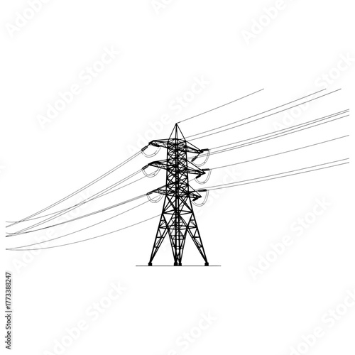 Electricity transmission pylon with power lines, industrial infrastructure, energy grid vector outline illustration.
