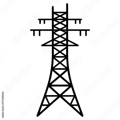 High voltage electric pylon icon, power transmission tower graphic, energy infrastructure symbol design, electrical grid