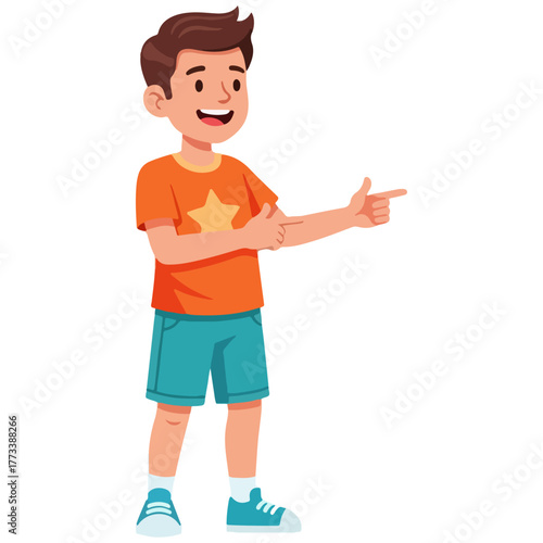 Happy smiling cartoon boy pointing finger gesture, indicating direction, cheerful kid character