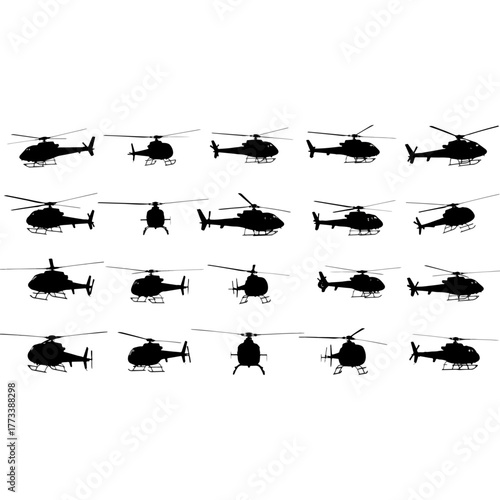 Military and civilian helicopter silhouettes vector graphic set, multiple airborne vehicle icons