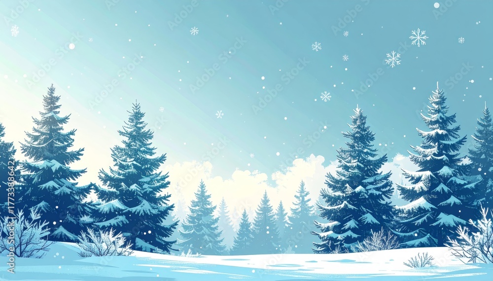 Fototapeta premium Digital illustration of snowflakes falling against winter landscape with trees