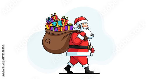 Santa Claus Carrying a Bag of Colorful Gifts for Christmas Celebration